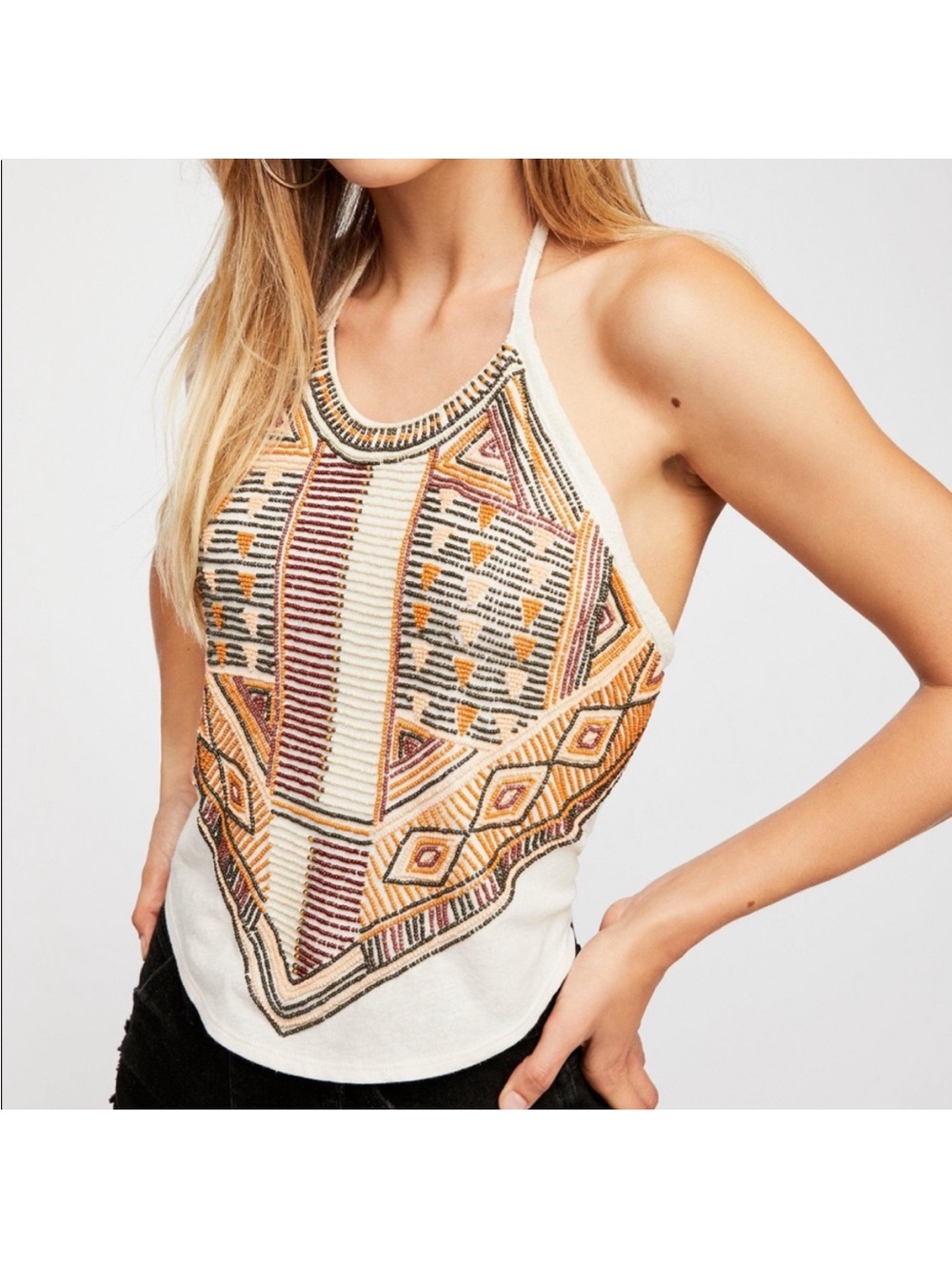 Free People XS Cream Beaded Halter Top with Geometric Embroidery cropped